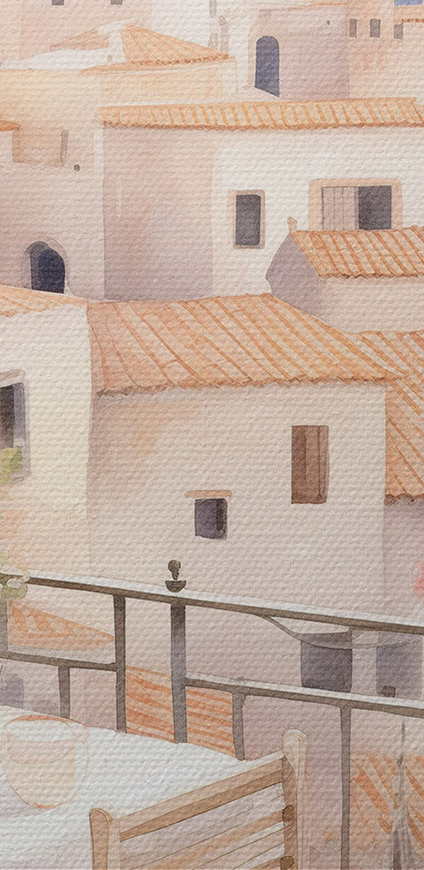 Aquarel schilderij van een tafel en stoelen op een balkon met uitzicht op een stad Aquarel schilderij van een tafel en stoelen op een balkon met uitzicht op een stad