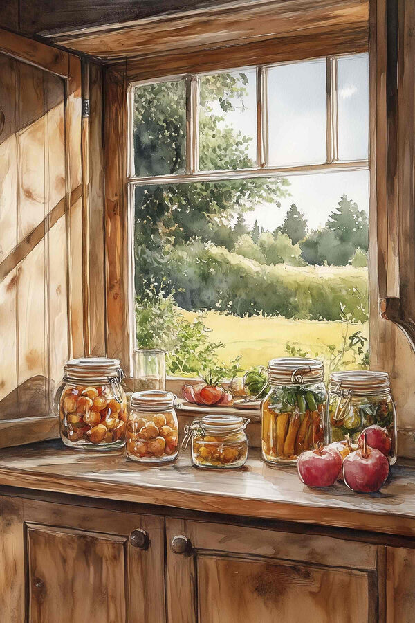 Aquarel van potten met eten op een vensterbank Aquarel van potten met eten op een vensterbank