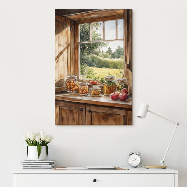 Aquarel van potten met eten op een vensterbank Aquarel van potten met eten op een vensterbank