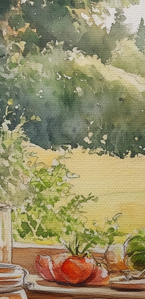 Aquarel van potten met eten op een vensterbank Aquarel van potten met eten op een vensterbank