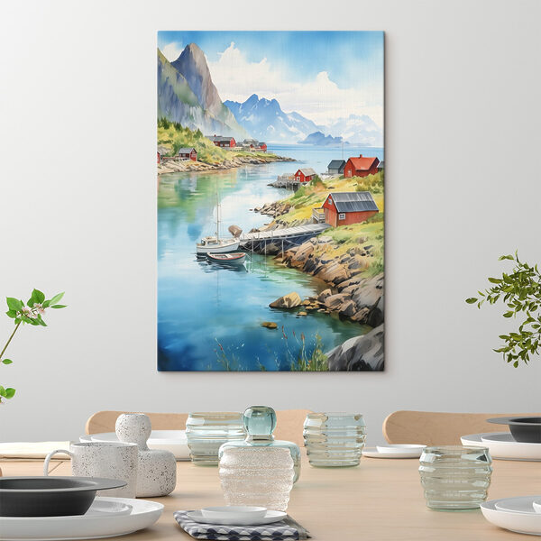 Aquarel van een rivier met een boot en huizen erop Aquarel van een rivier met een boot en huizen erop