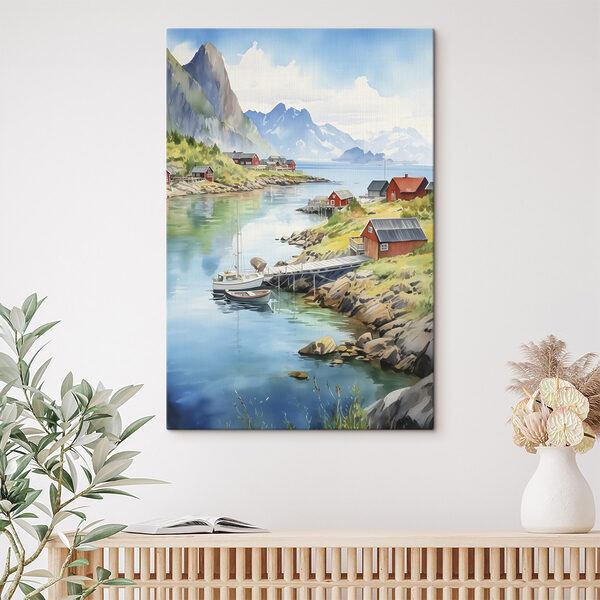 Aquarel van een rivier met een boot en huizen erop Aquarel van een rivier met een boot en huizen erop