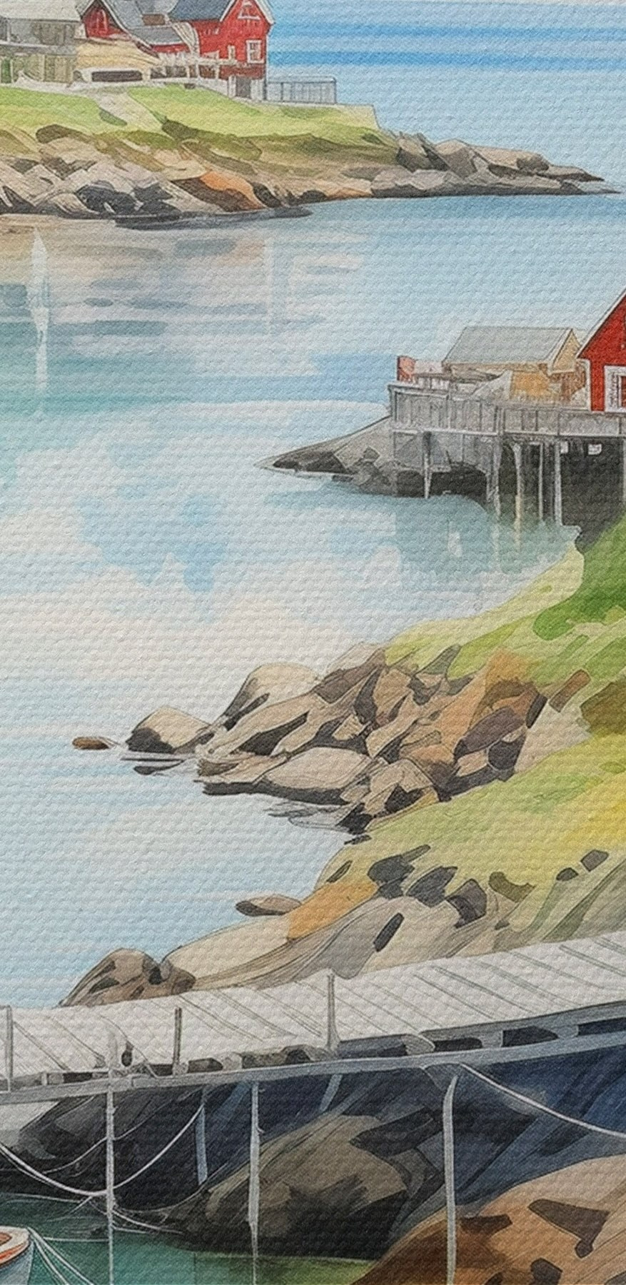 Aquarel van een rivier met een boot en huizen erop