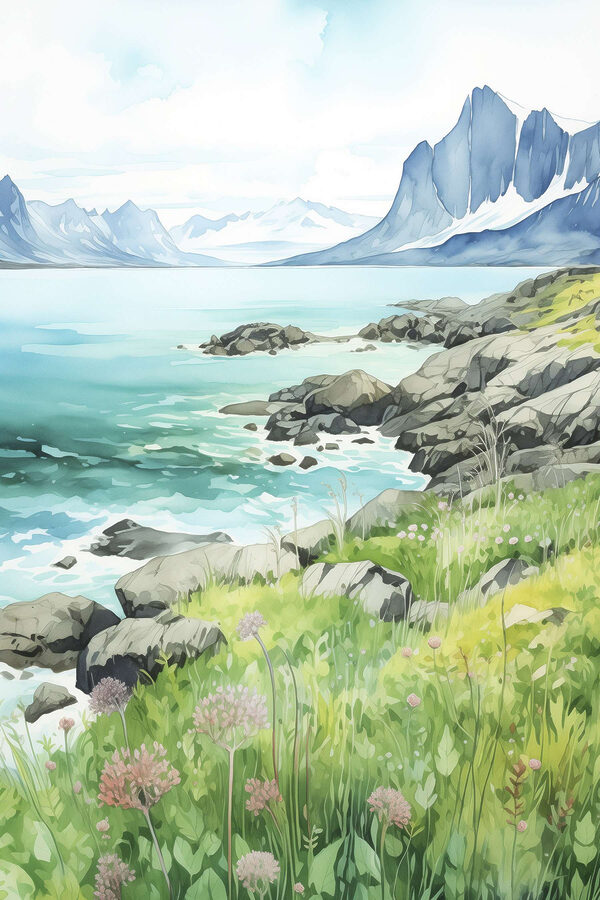 Aquarel van een rotskust met bergen en een blauwe lucht Aquarel van een rotskust met bergen en een blauwe lucht