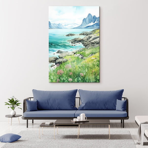 Aquarel van een rotskust met bergen en een blauwe lucht Aquarel van een rotskust met bergen en een blauwe lucht