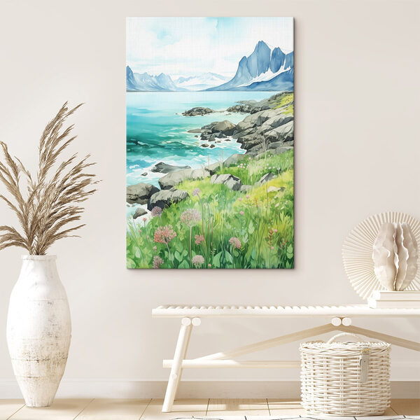Aquarel van een rotskust met bergen en een blauwe lucht Aquarel van een rotskust met bergen en een blauwe lucht