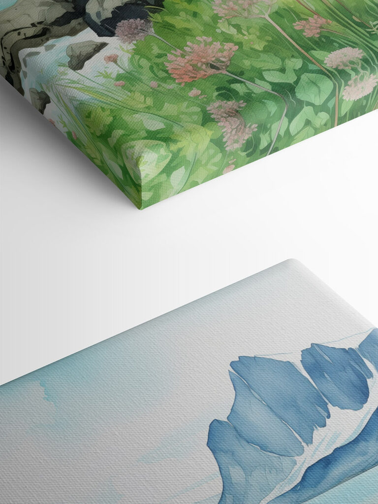 Watercolor painting of a rocky shore with mountains and a blue sky