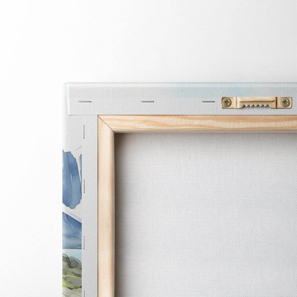 Watercolor painting of a rocky shore with mountains and a blue sky