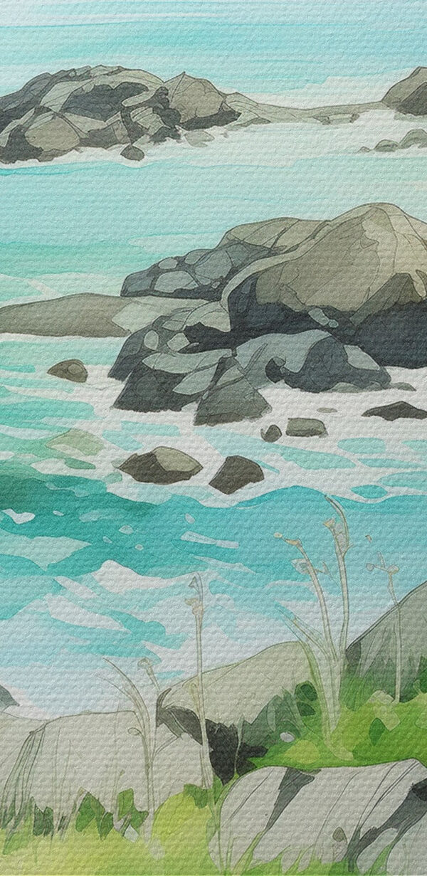 Aquarel van een rotskust met bergen en een blauwe lucht Aquarel van een rotskust met bergen en een blauwe lucht
