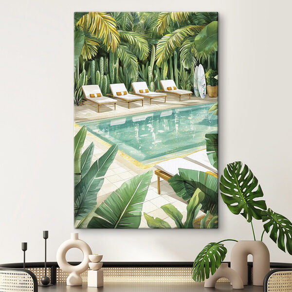 Zwembad met ligstoelen en surfplanken Canvas Schilderijen Zwembad met ligstoelen en surfplanken