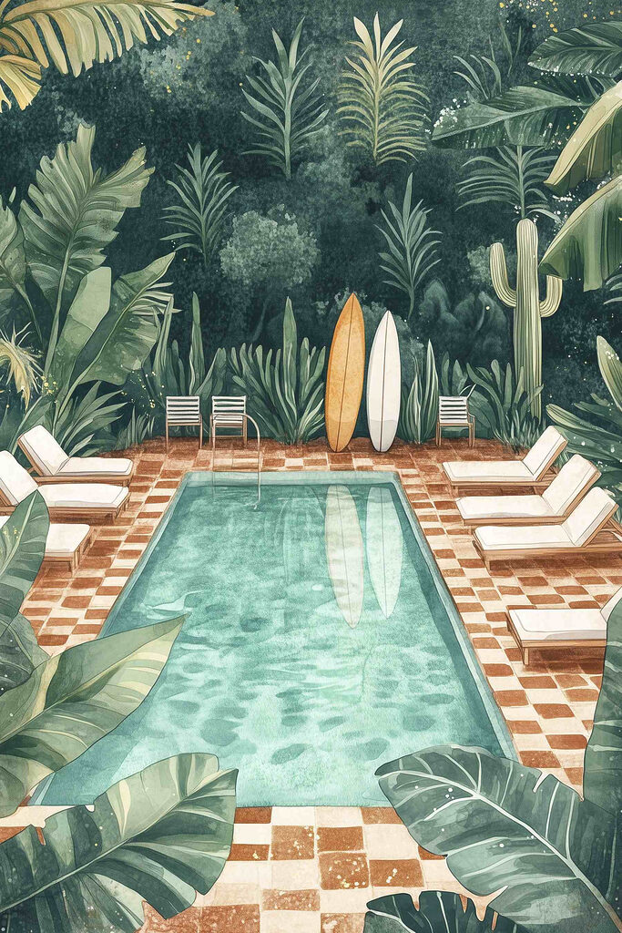 Pool with chairs and surfboards in the middle Pool with chairs and surfboards in the middle