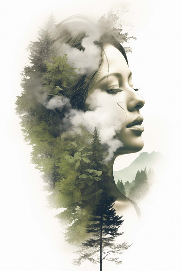 Vrouw’s gezicht met wolken en bomen Vrouw’s gezicht met wolken en bomen