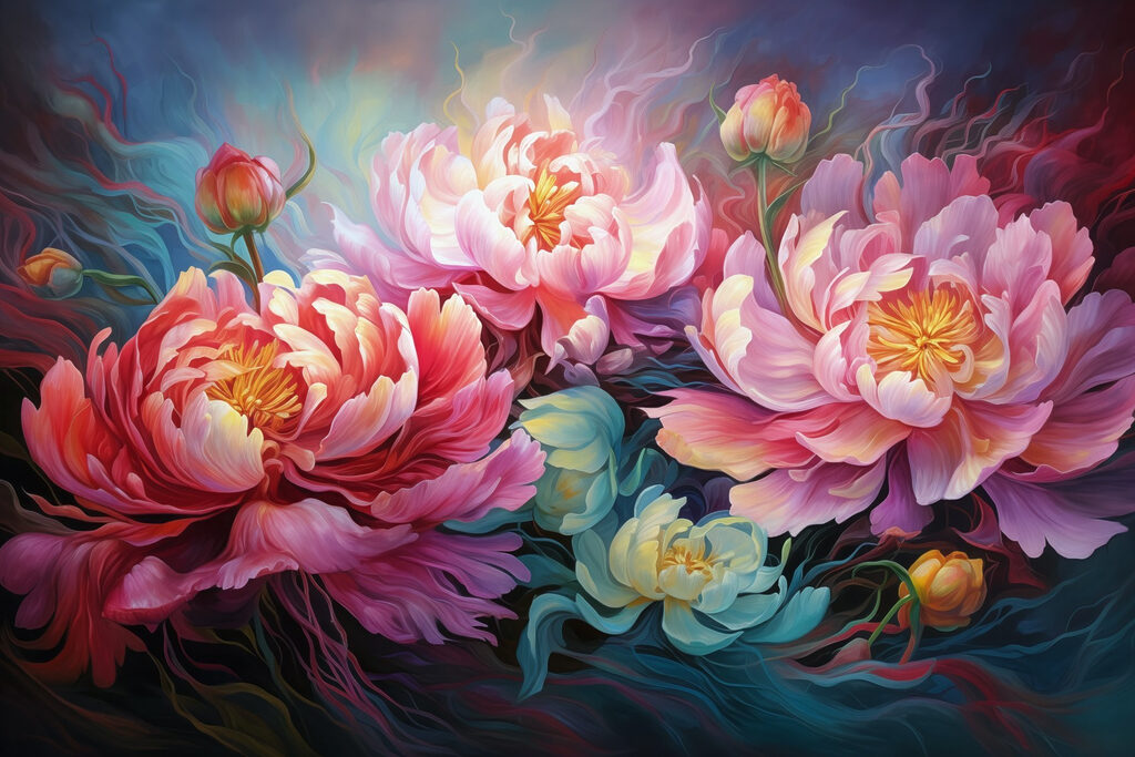 Schilderij van bloemen op een blauwe achtergrond Schilderij van bloemen op een blauwe achtergrond