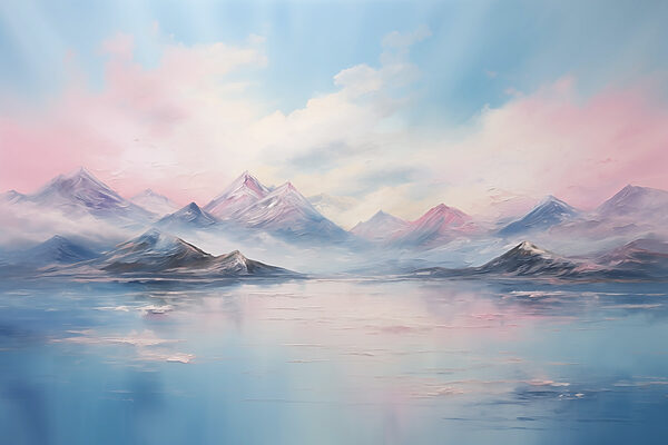 Schilderij van bergen en water w08878p 600x400 - Schilderij van bergen en water