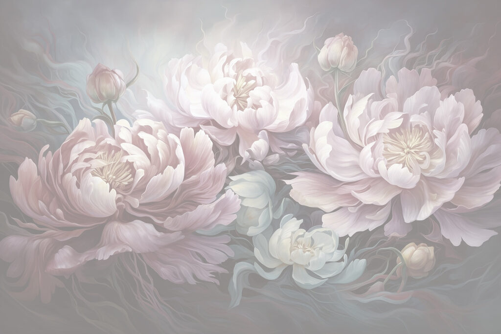 Schilderij van bloemen op een grijze achtergrond Schilderij van bloemen op een grijze achtergrond