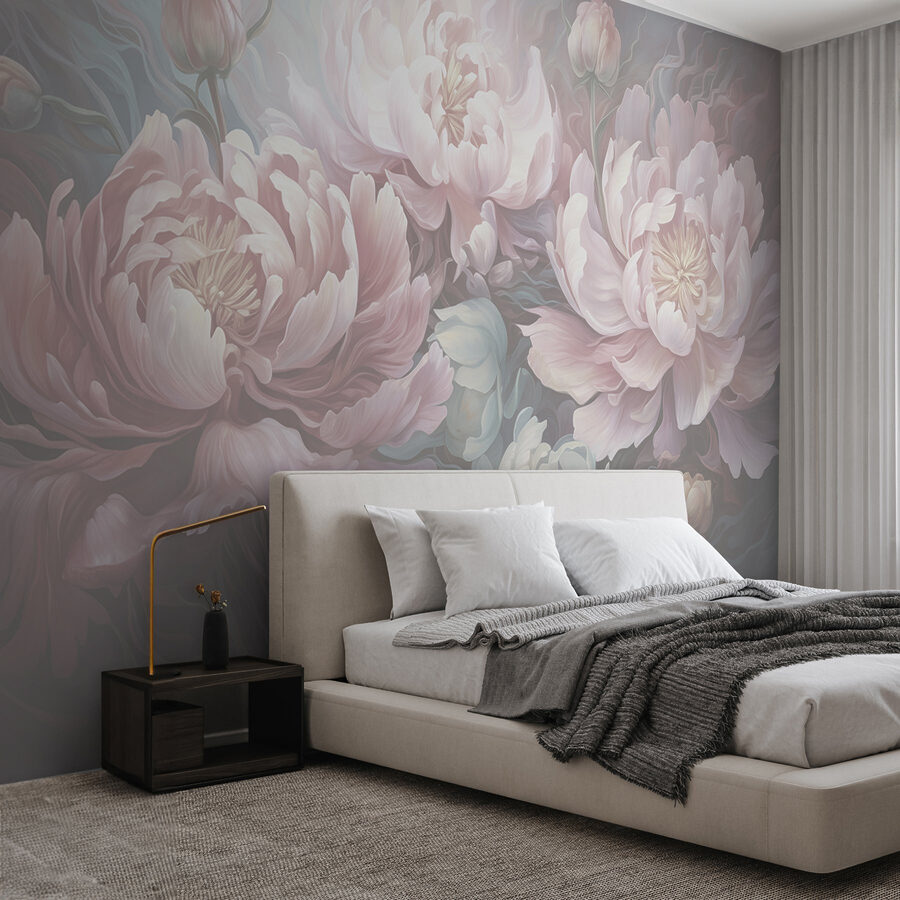 Schilderij van bloemen op een grijze achtergrond Schilderij van bloemen op een grijze achtergrond