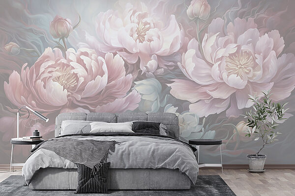 Schilderij van bloemen op een grijze achtergrond Schilderij van bloemen op een grijze achtergrond
