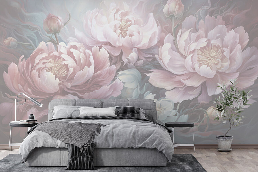 Schilderij van bloemen op een grijze achtergrond Schilderij van bloemen op een grijze achtergrond