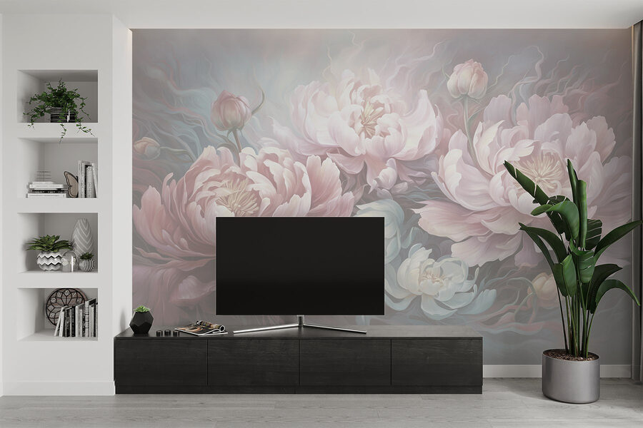 Schilderij van bloemen op een grijze achtergrond Schilderij van bloemen op een grijze achtergrond