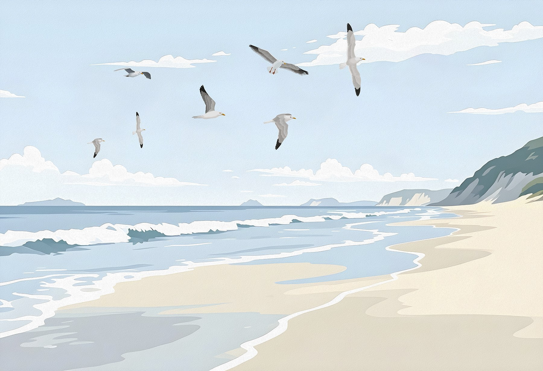 Strand met overvliegende vogels w03338p - Strand met overvliegende vogels