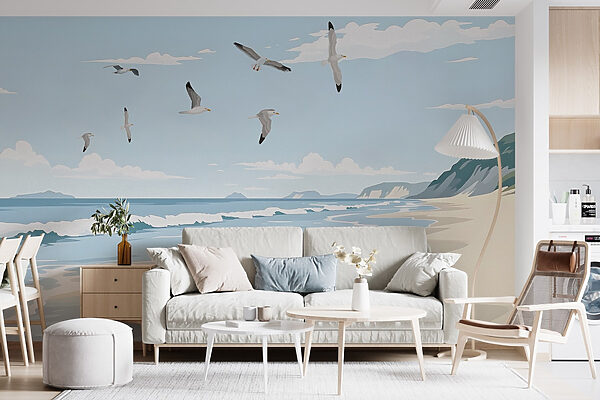 Strand met overvliegende vogels w03338pig10r 600x400 - Strand met overvliegende vogels