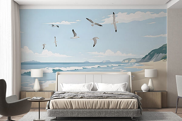 Strand met overvliegende vogels w03338pib10mr 600x400 - Strand met overvliegende vogels