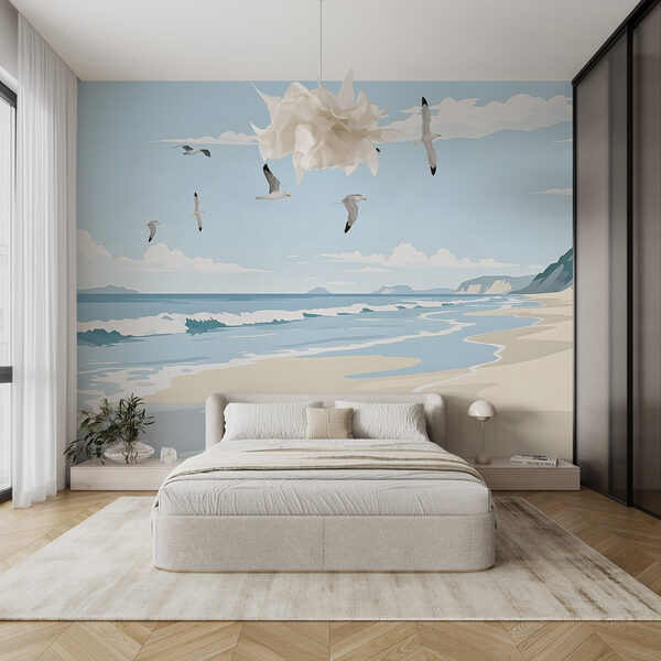 Strand met overvliegende vogels w03338pib7ms 600x600 - Strand met overvliegende vogels