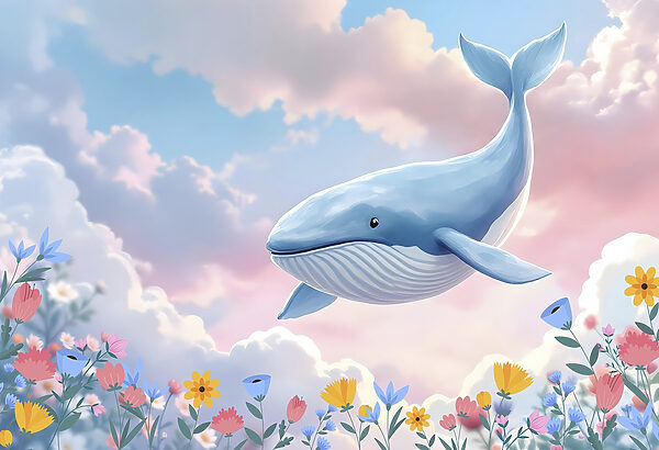 Walvis vliegt over bloemen Walvis vliegt over bloemen