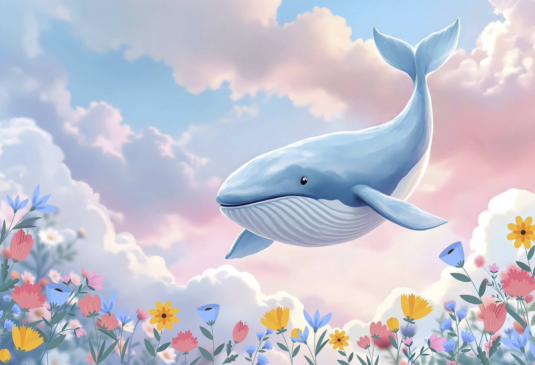 Whale flying over flowers