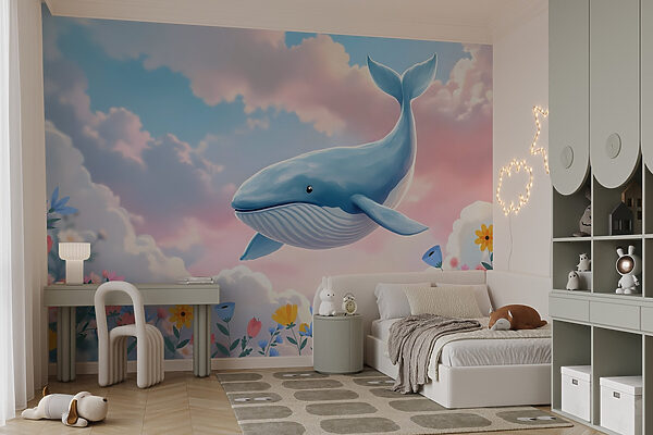 Walvis vliegt over bloemen Walvis vliegt over bloemen