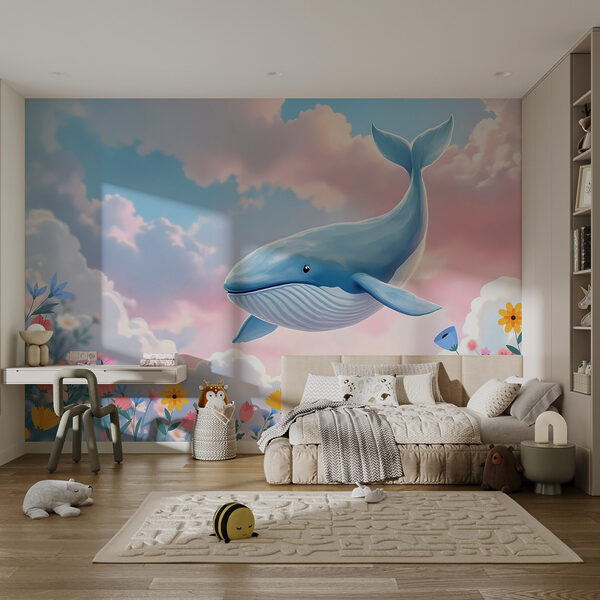 Walvis vliegt over bloemen Walvis vliegt over bloemen