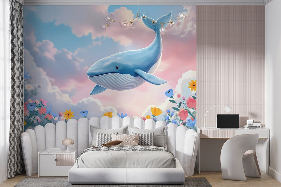 Walvis vliegt over bloemen