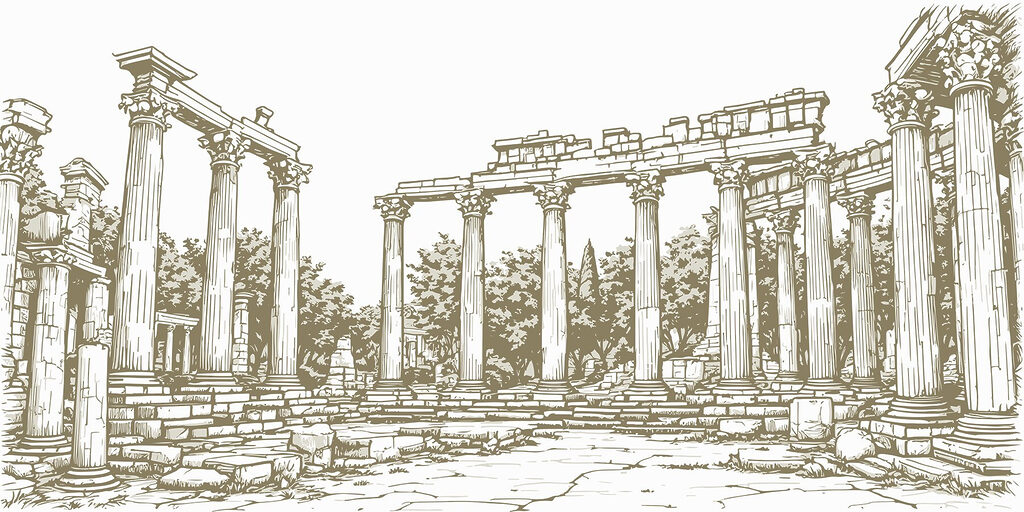 Tekening van een stenen structuur met kolommen Tekening van een stenen structuur met kolommen