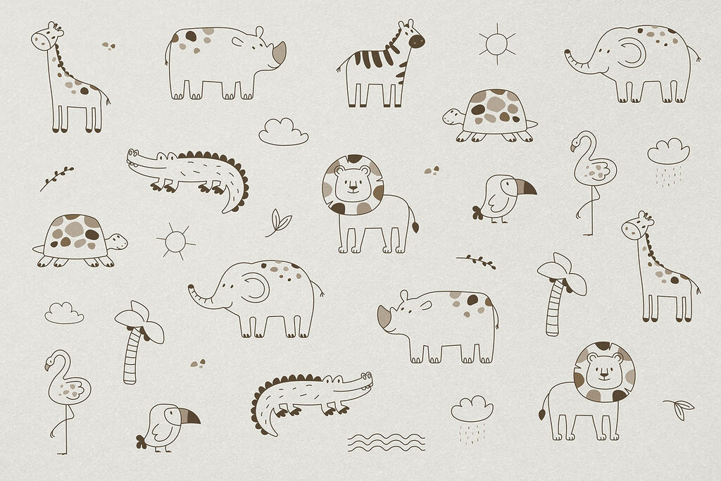 Groep dieren getekend op een wit vlak Groep dieren getekend op een wit vlak