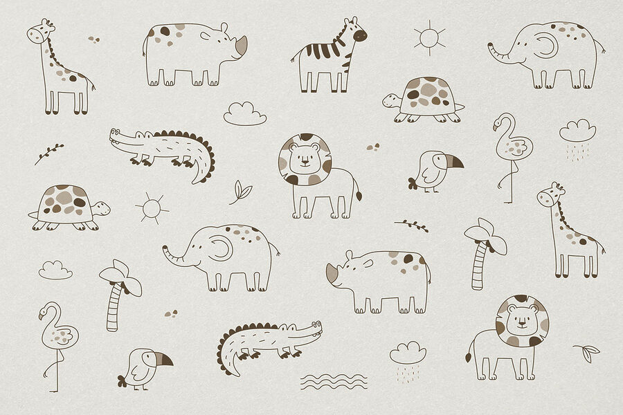 Groep dieren getekend op een wit vlak