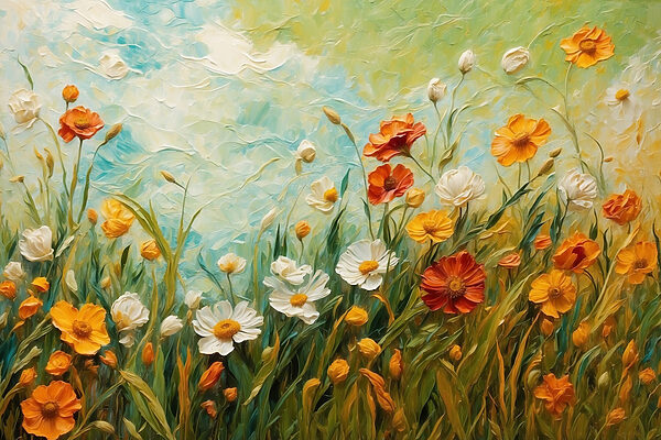 Schilderij van bloemen in een veld Schilderij van bloemen in een veld
