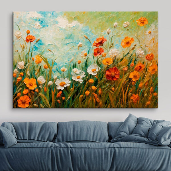 Schilderij van bloemen in een veld Schilderij van bloemen in een veld