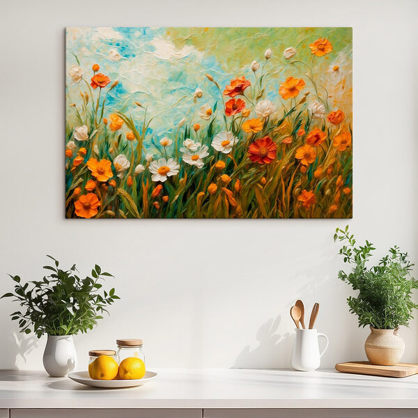 Schilderij van bloemen in een veld Schilderij van bloemen in een veld