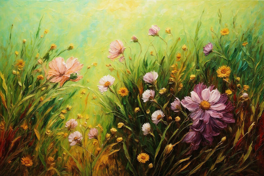 Schilderij van bloemen in een veld
