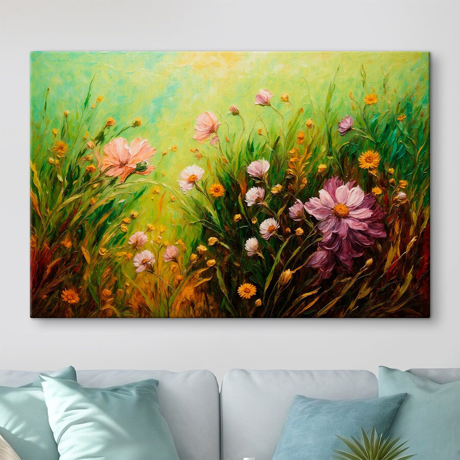 Schilderij van bloemen in een veld