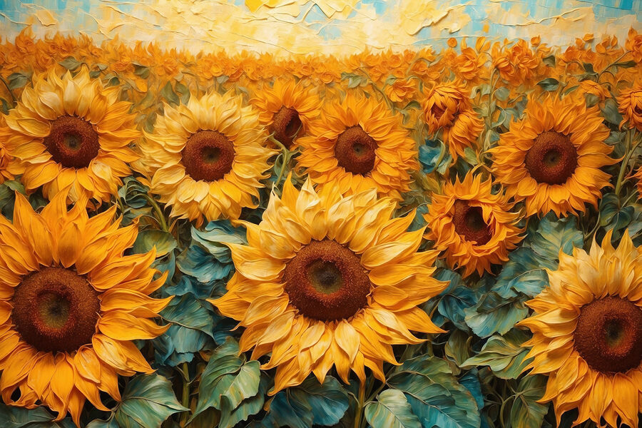 Schilderij van zonnebloemen in een veld