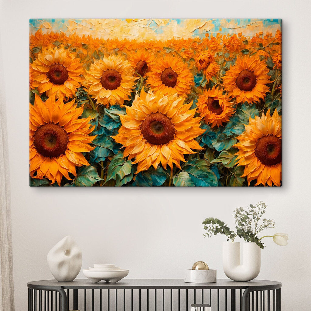 Painting of sunflowers in a field