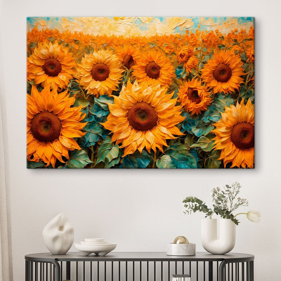Schilderij van zonnebloemen in een veld