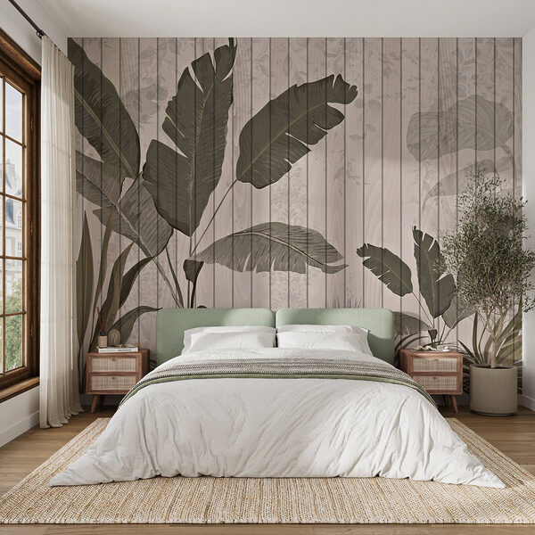 Houten muur met bladeren en planten Houten muur met bladeren en planten