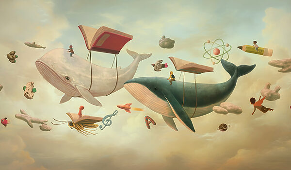 Walvis en walvis met boeken en een boek erop Walvis en walvis met boeken en een boek erop