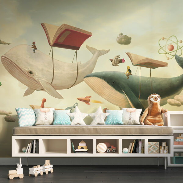 Walvis en walvis met boeken en een boek erop Walvis en walvis met boeken en een boek erop