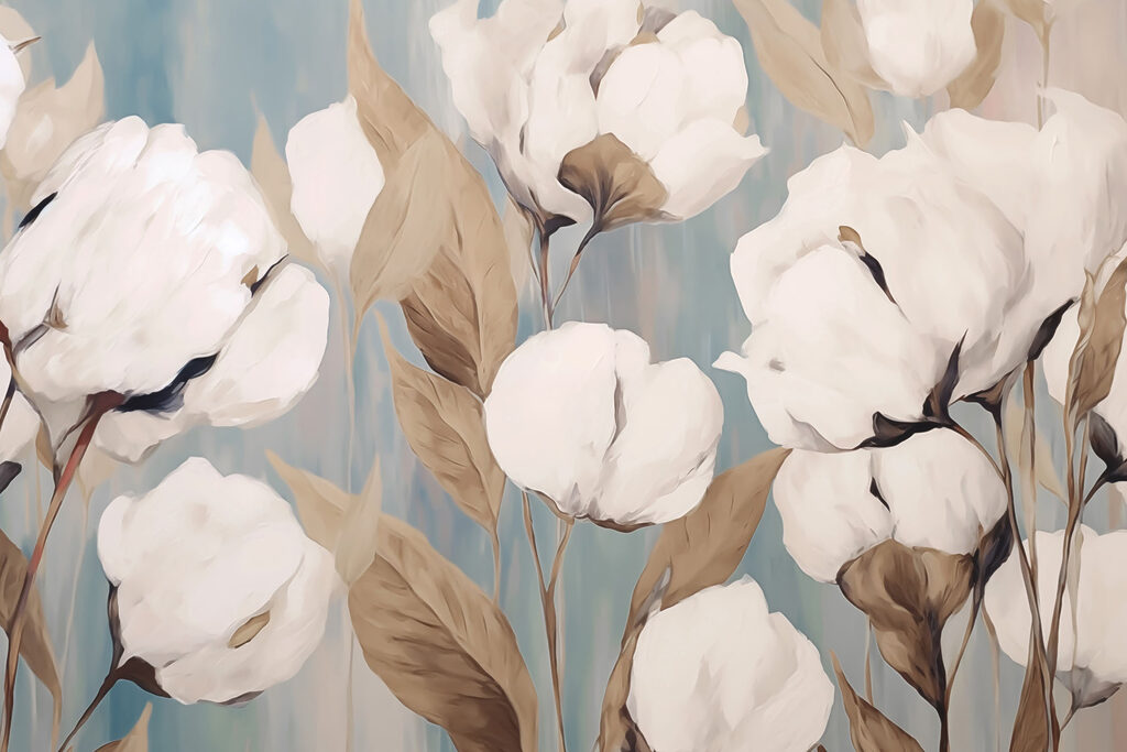 Schilderij van witte bloemen en bruine bladeren Schilderij van witte bloemen en bruine bladeren