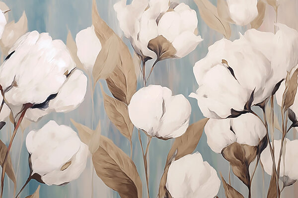 Schilderij van witte bloemen en bruine bladeren Schilderij van witte bloemen en bruine bladeren