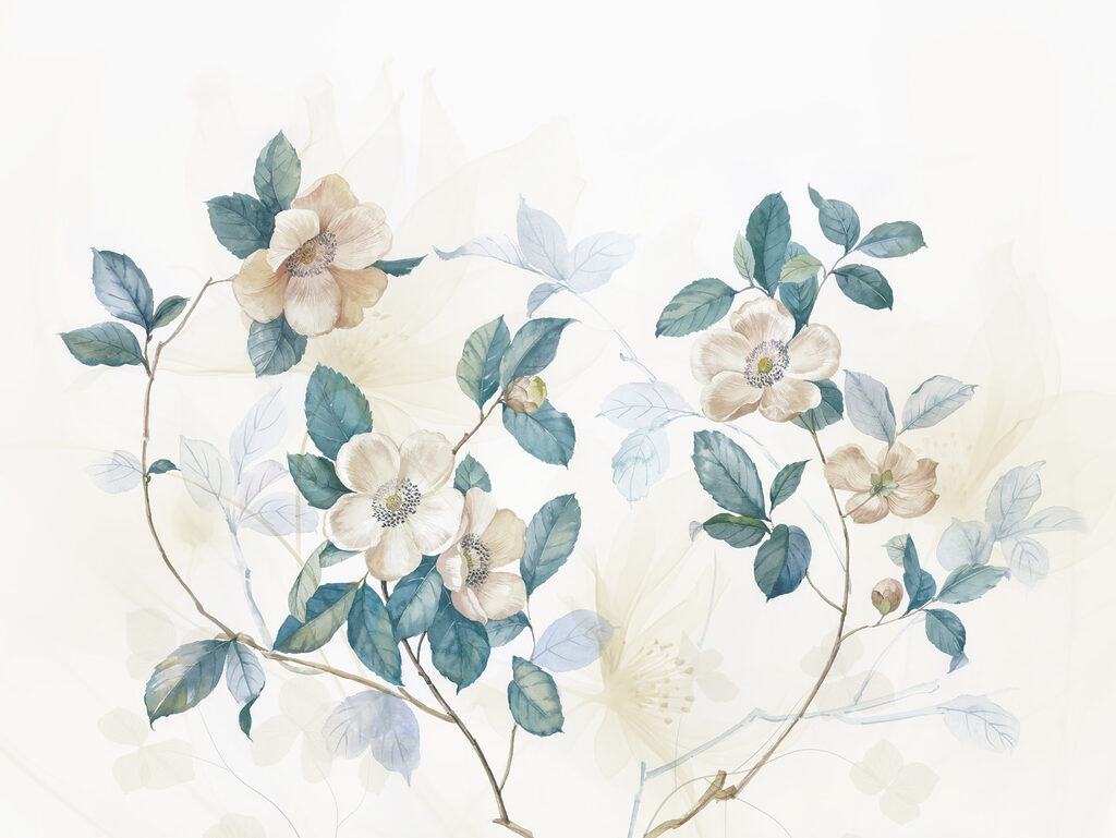 Schilderij van bloemen en bladeren Schilderij van bloemen en bladeren
