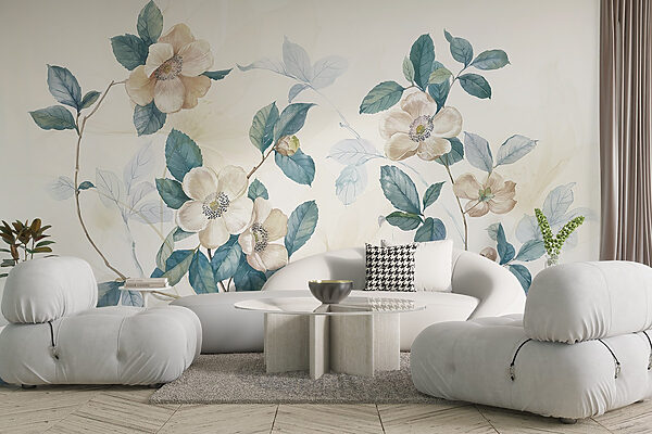 Schilderij van bloemen en bladeren Schilderij van bloemen en bladeren